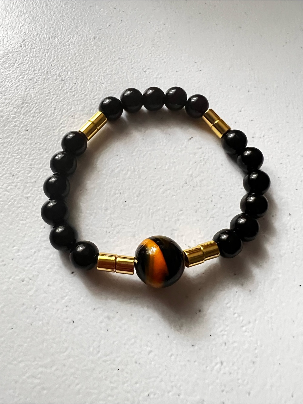 Black and Gold Beaded Men's Bracelet with Tiger Eye Accent
